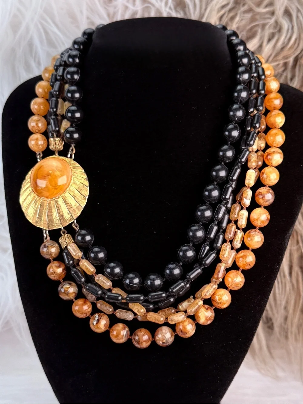 Vintage Multi Strand Black Amber Tone Bead Necklace Gold Tone Centerpiece